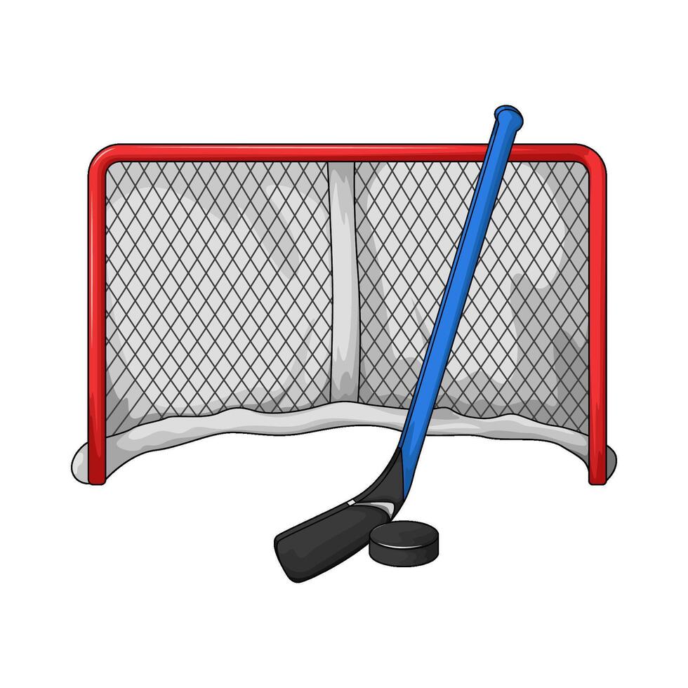 hockey stick with puck in front of the goal vector
