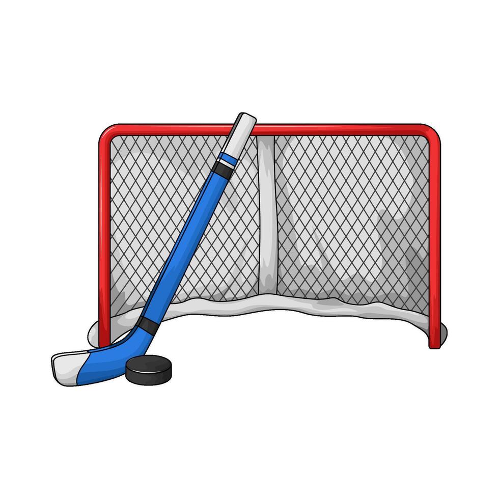 hockey stick with hockey puck in front of the goal illustration vector