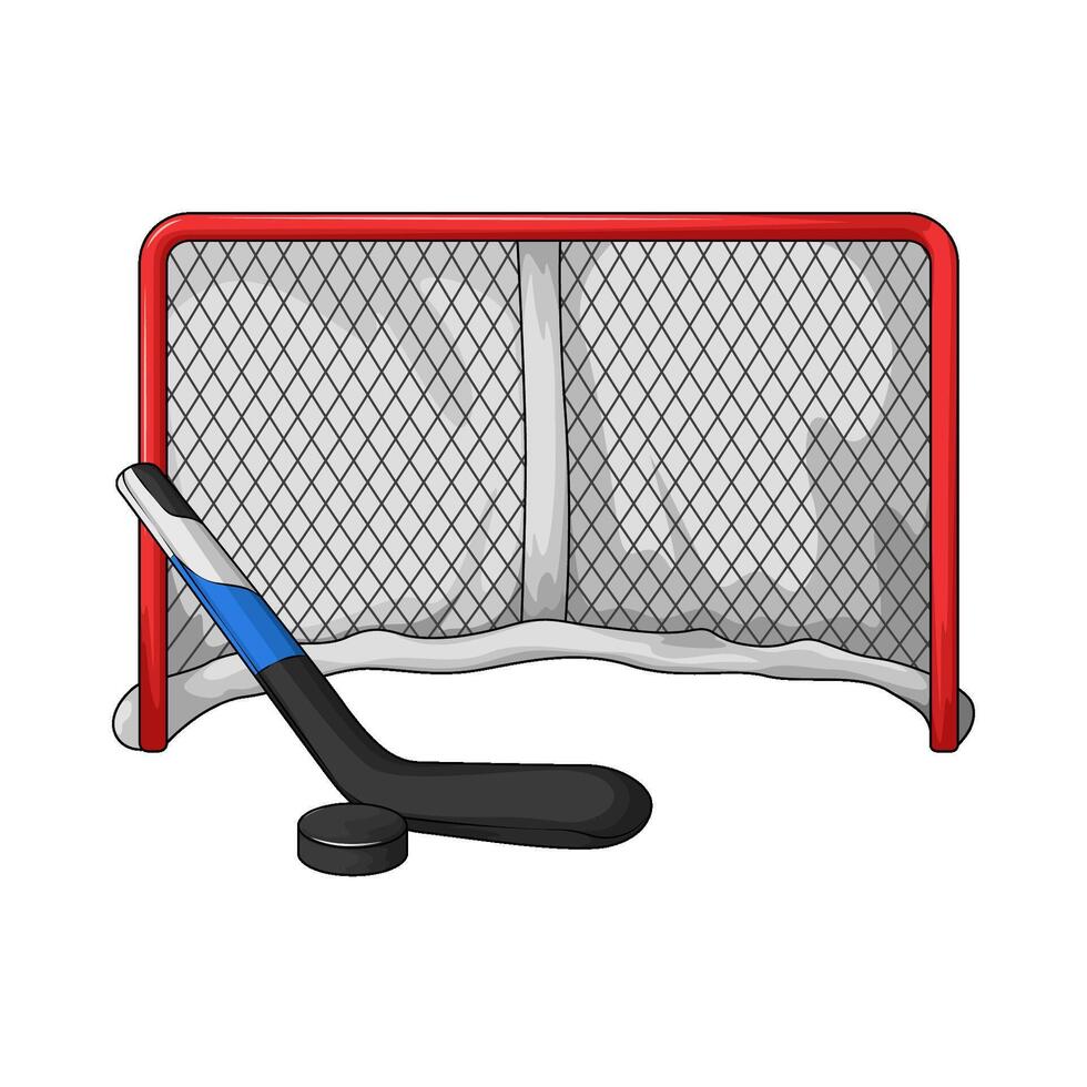 illustration of hockey stick with hockey puck in front of the goal vector