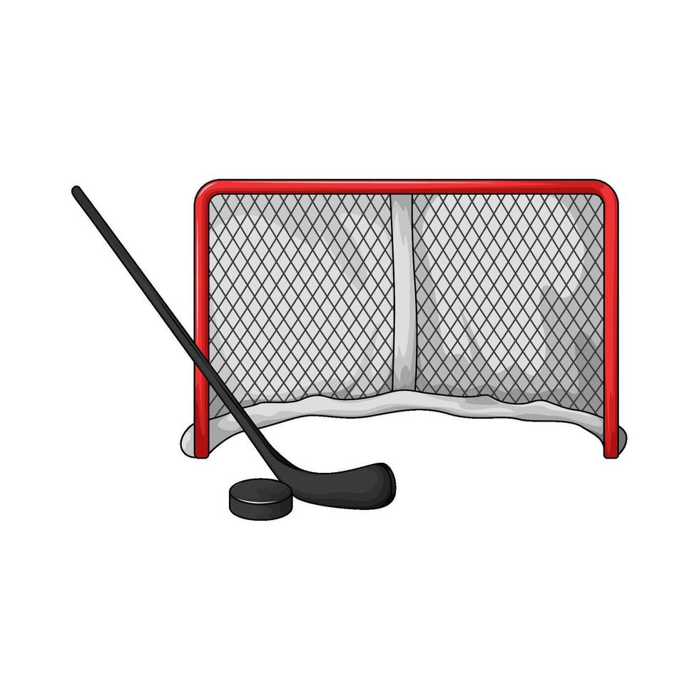 hockey stick with hockey puck in front of the goal vector