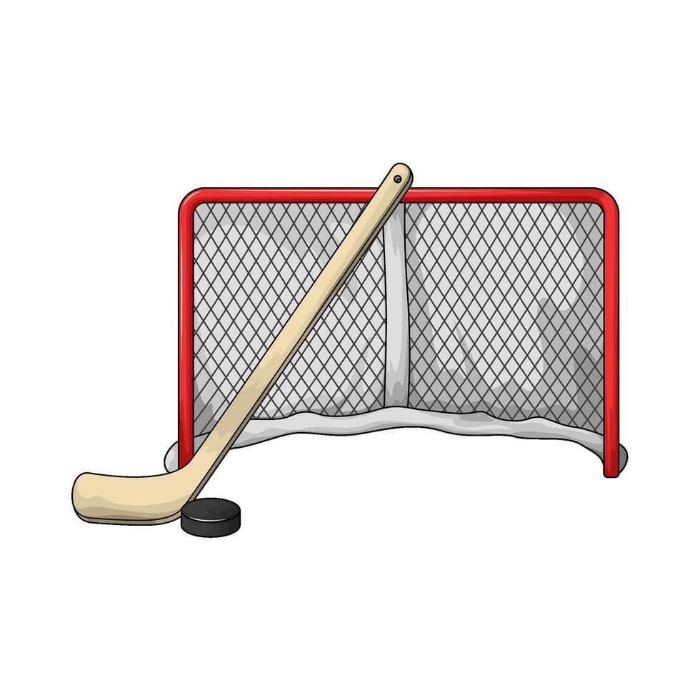hockey stick and hockey puck in front of the goal illustration vector