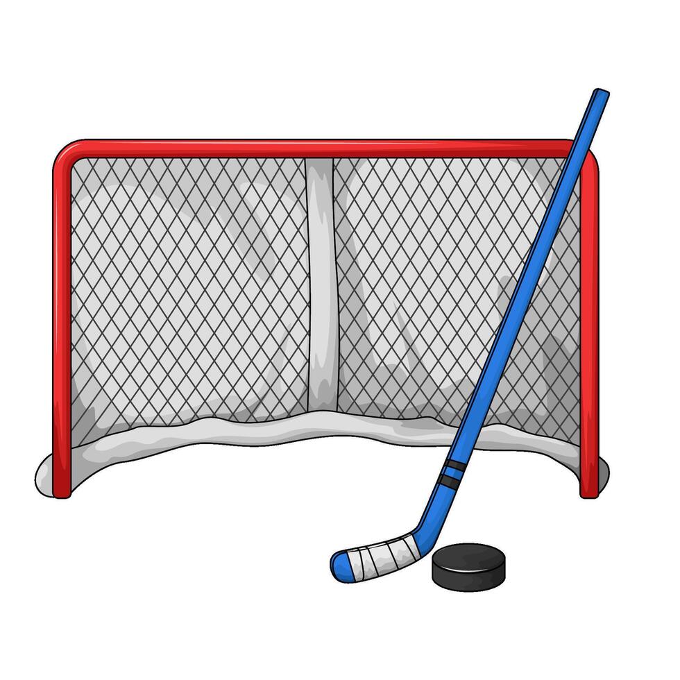 hockey stick and hockey puck in front of the goal vector