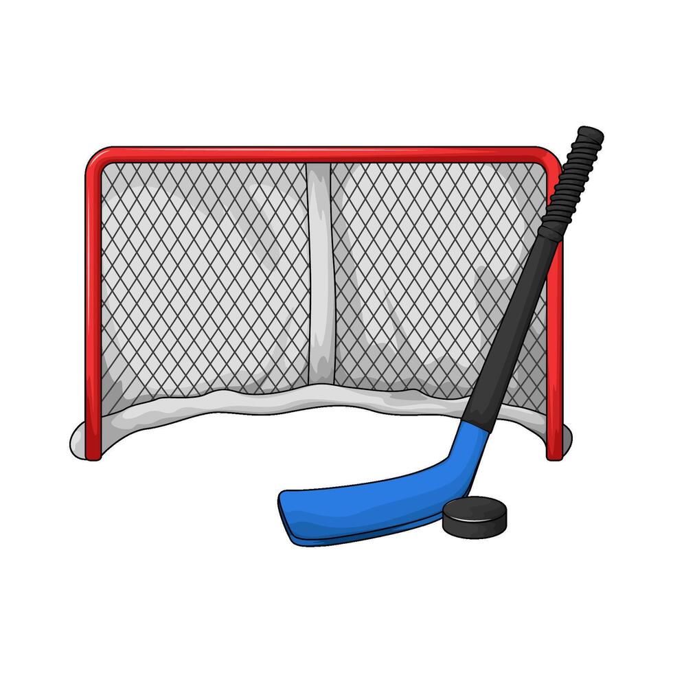illustration of hockey stick and hockey puck in front of the goal vector