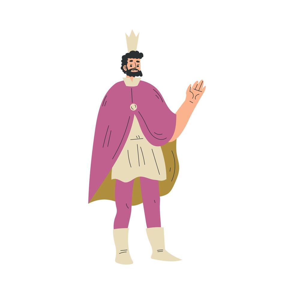 Medieval Man King Character in Mantle with Crown in Standing Pose Illustration vector