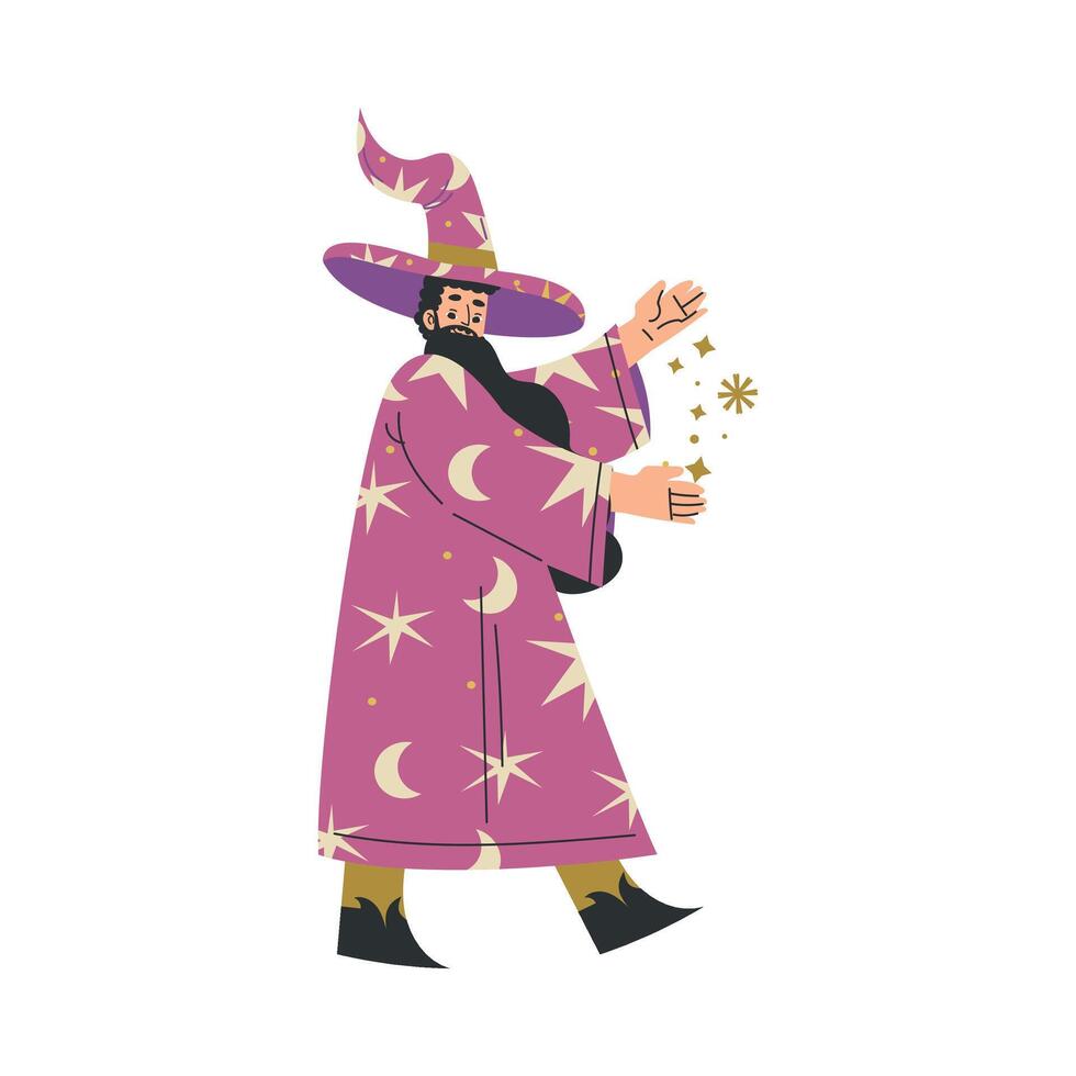 Medieval Man Magician Character in Hat in Standing Pose Illustration vector