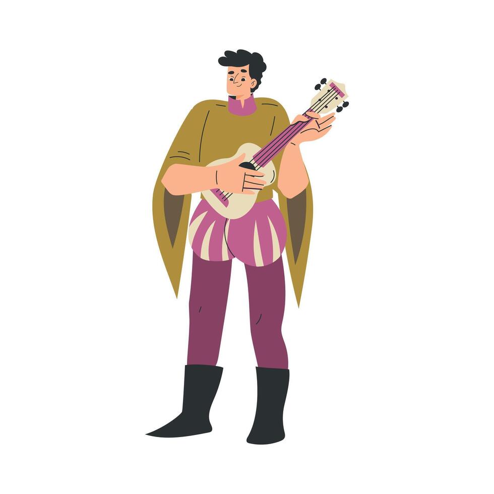 Medieval Man Bard Character Play Lute in Standing Pose Illustration vector