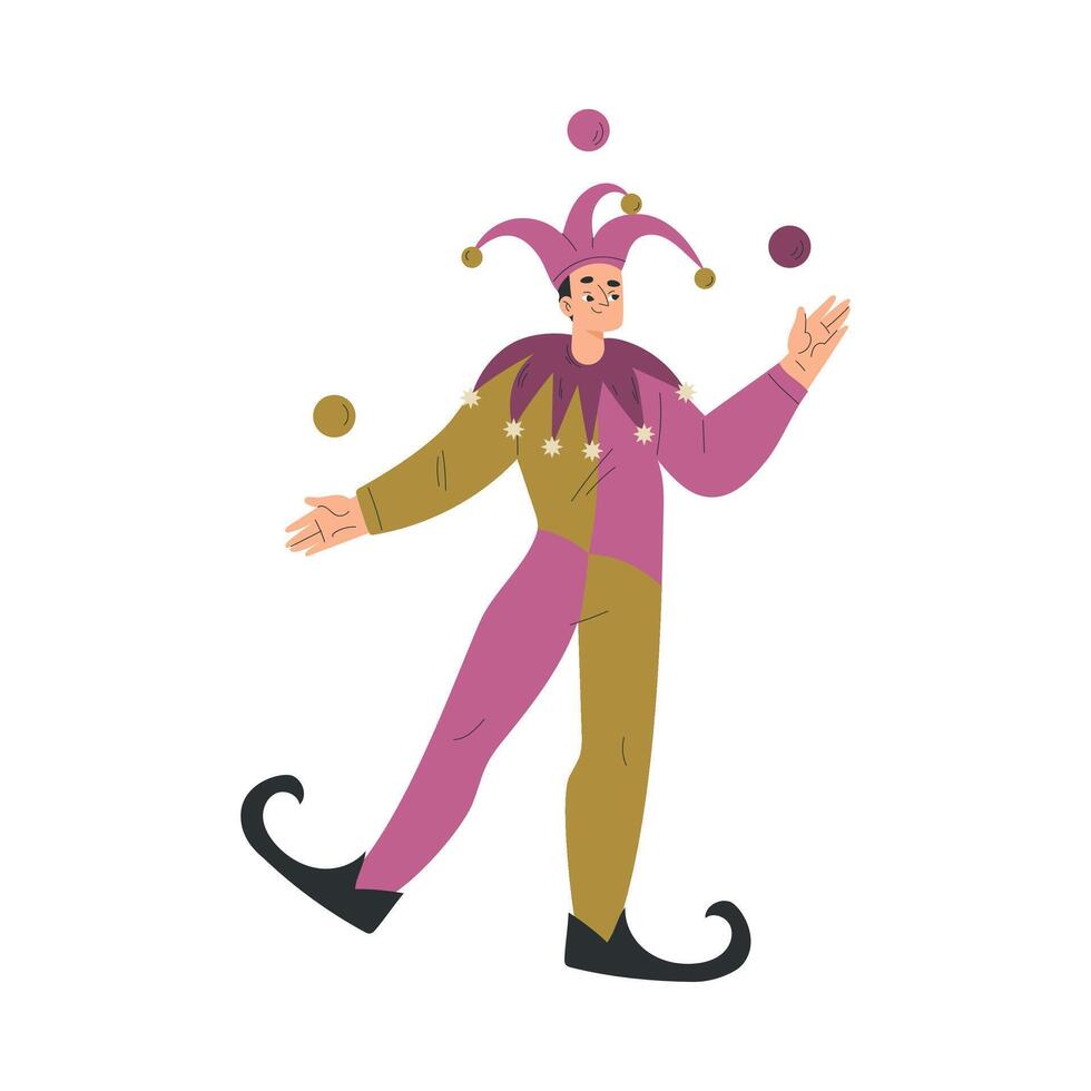Medieval Man Jester Character Juggling Balls in Standing Pose Illustration vector