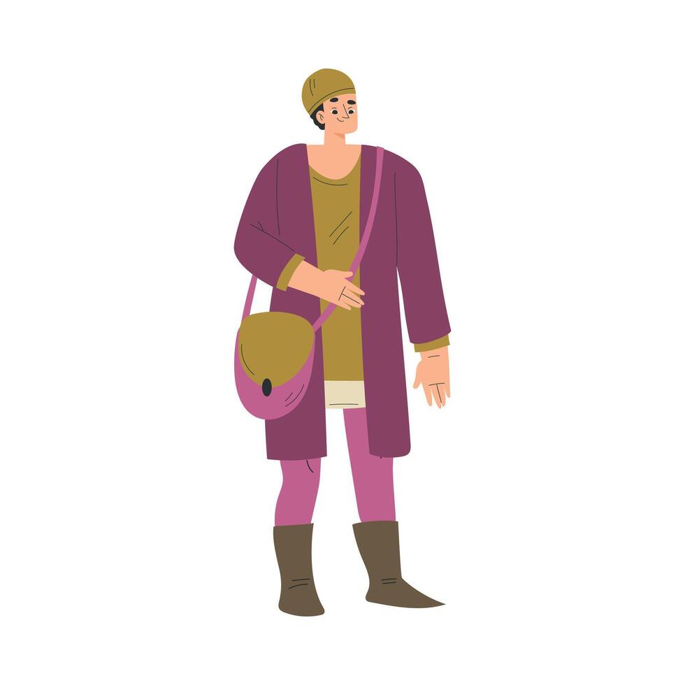 Medieval Man Character with Bag in Standing Pose Illustration vector