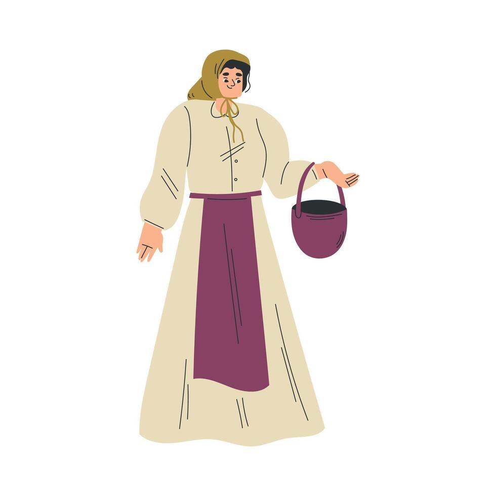 Medieval Woman Peasant Character with Basket in Standing Pose Illustration vector