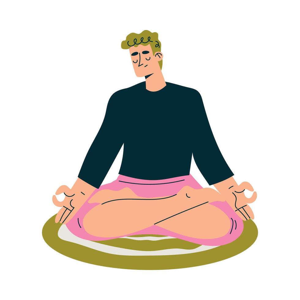 Meditation with Man Character on Mat Sitting in Lotus Pose Illustration vector