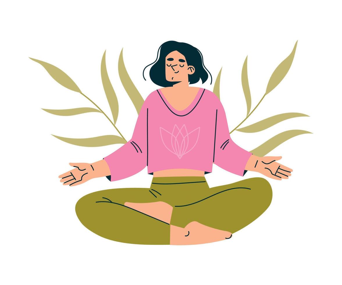 Meditation with Woman Character Sitting in Lotus Pose Illustration vector