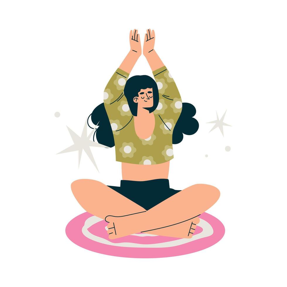 Meditation with Woman Character on Mat Sitting in Lotus Pose Illustration vector