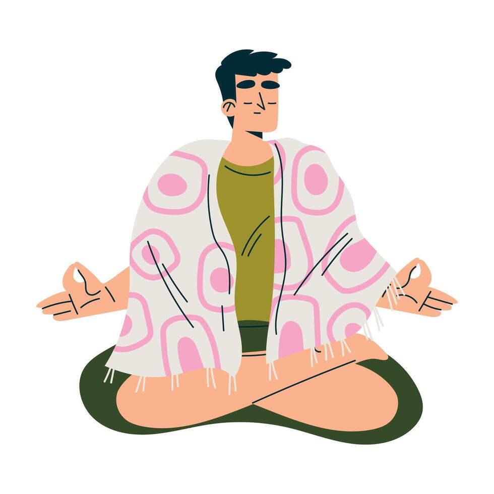 Meditation with Man Character Sitting in Lotus Pose Illustration vector