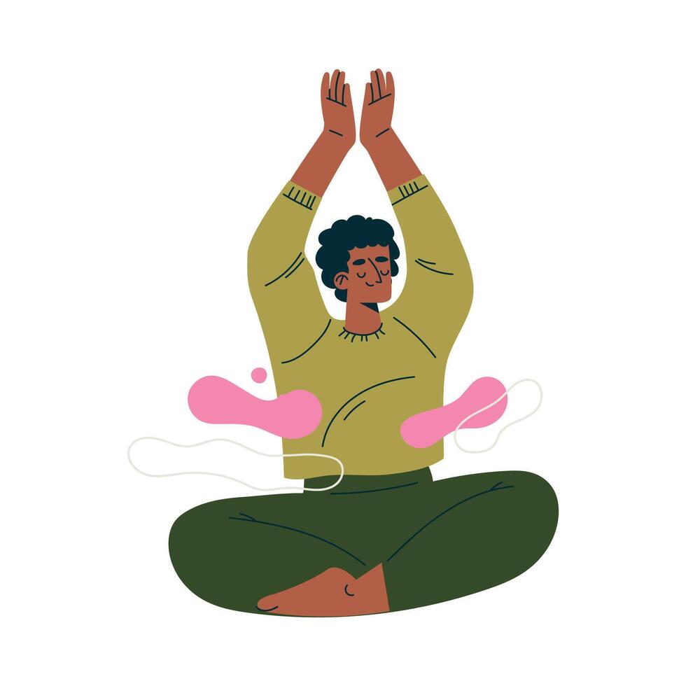 Meditation with African American Man Character Sitting in Lotus Pose Illustration vector