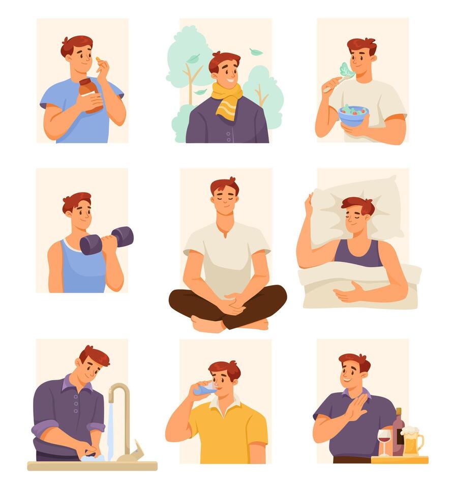 Man Character Supports Immunity Engaged in Healthy Lifestyle Set vector