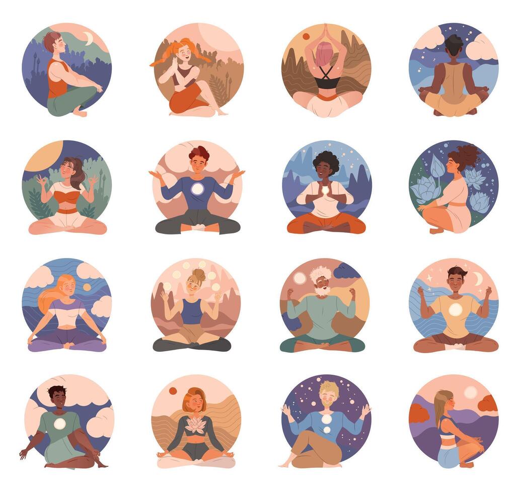 Meditating People Character Sitting in Lotus Pose Set vector
