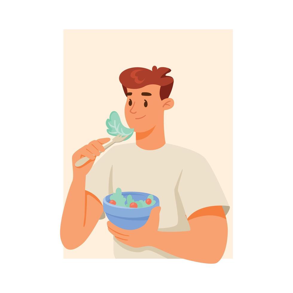 Man Character Eat Vegetable Salad Supports Immunity Engaged in Healthy Lifestyle Illustration vector