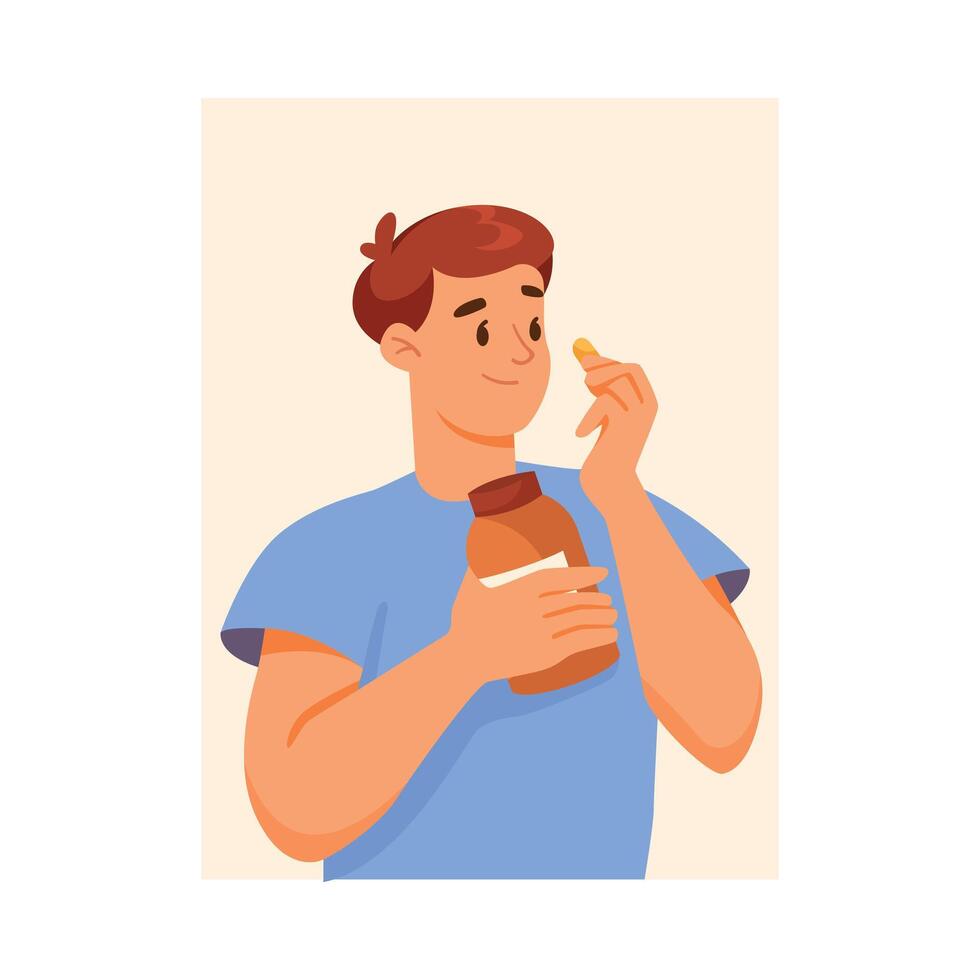 Man Character Take Pill Supports Immunity Engaged in Healthy Lifestyle Illustration vector