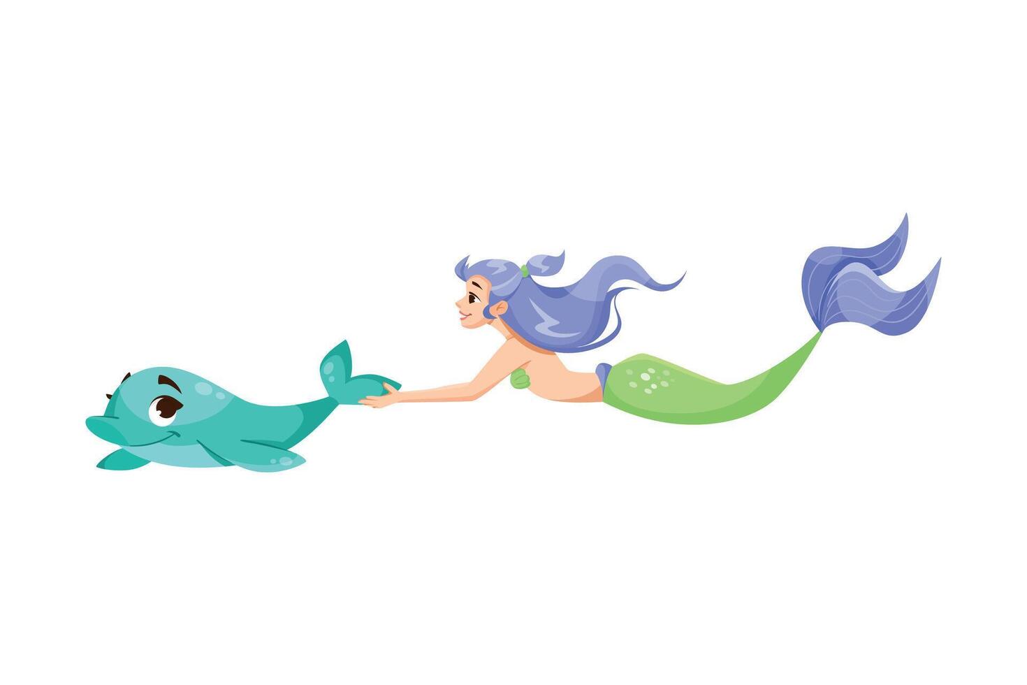 Pretty Mermaid Character with Fish Tail and Female Body with Dolphin Illustration vector