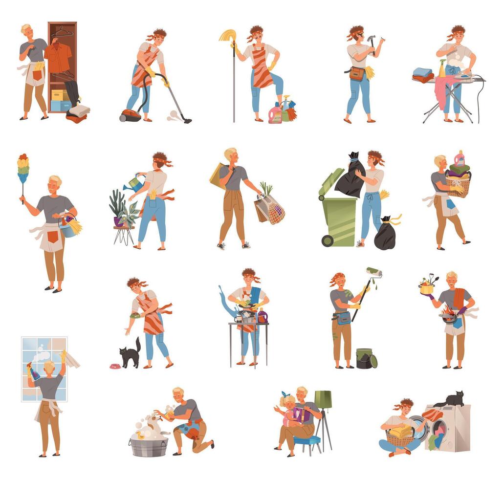 Man Character Engaged in Household Activity and Domestic Chores Set vector