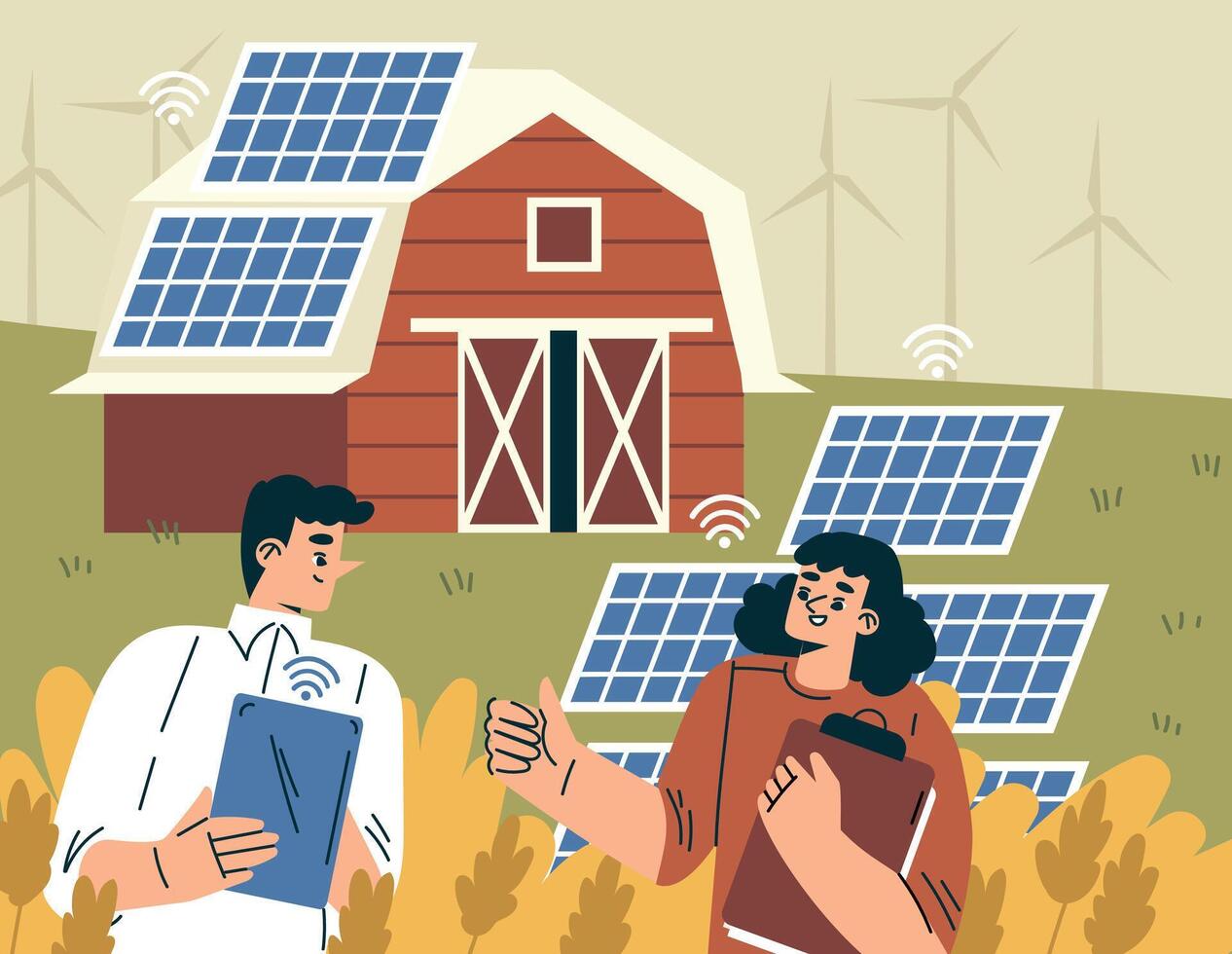 Modern Agriculture Equipment with Man and Woman Character Accumulate Solar Energy Illustration vector