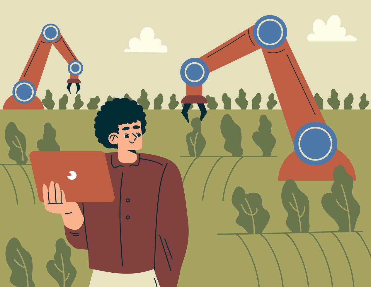 Modern Agriculture Equipment with Man Character Planting Crop with Robotic Arm Illustration vector