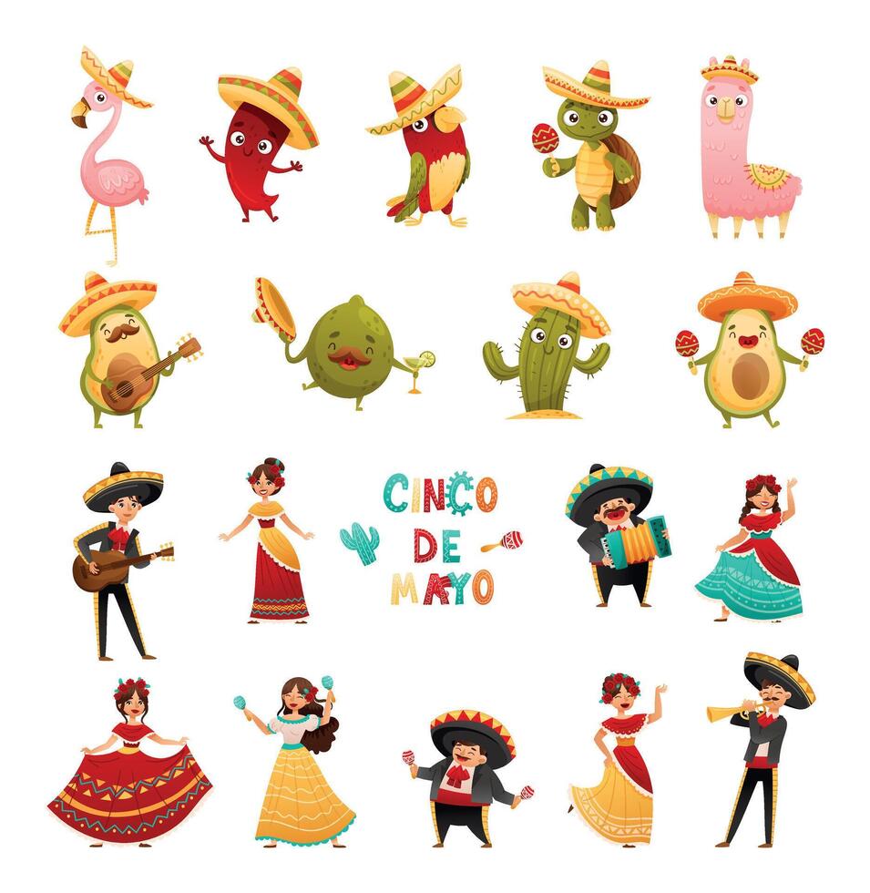 Cheerful Mexican Character with Happy Smiling Face Celebrate Holiday Set vector
