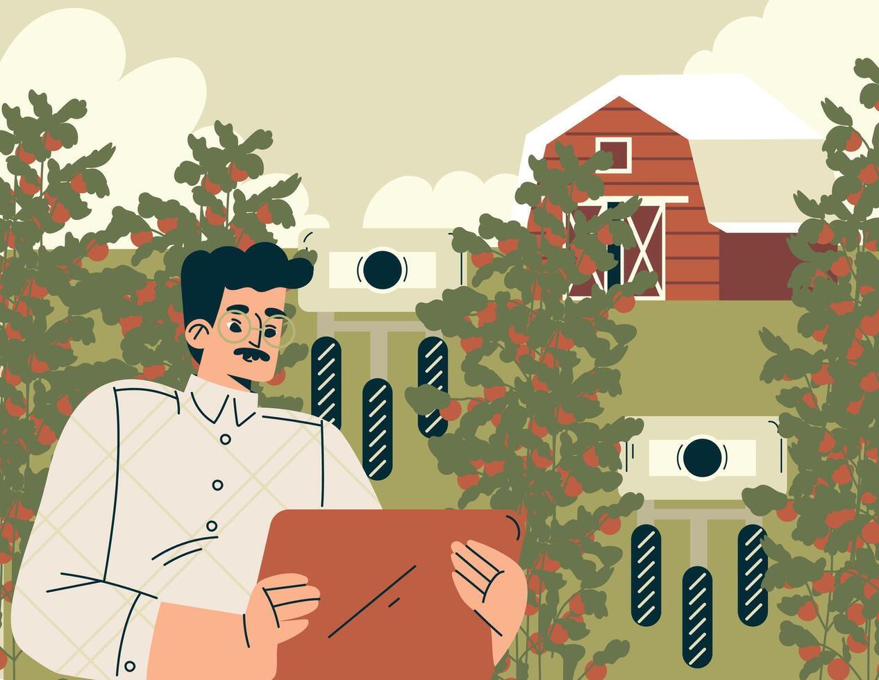 Modern Agriculture Equipment with Man Character Monitor Robot Illustration vector