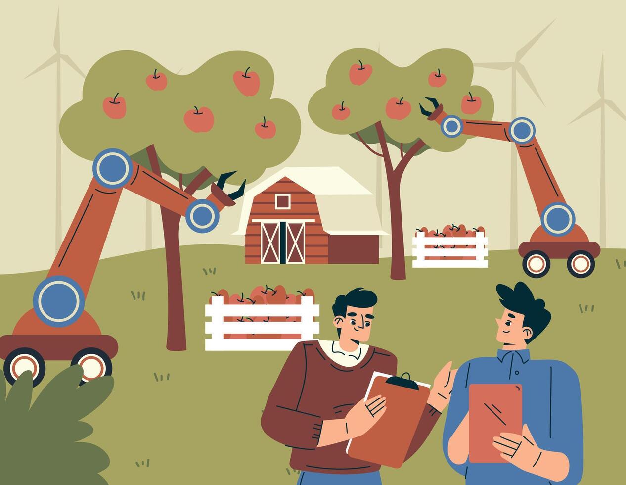 Modern Agriculture Equipment with Man Character Harvest Apple Illustration vector