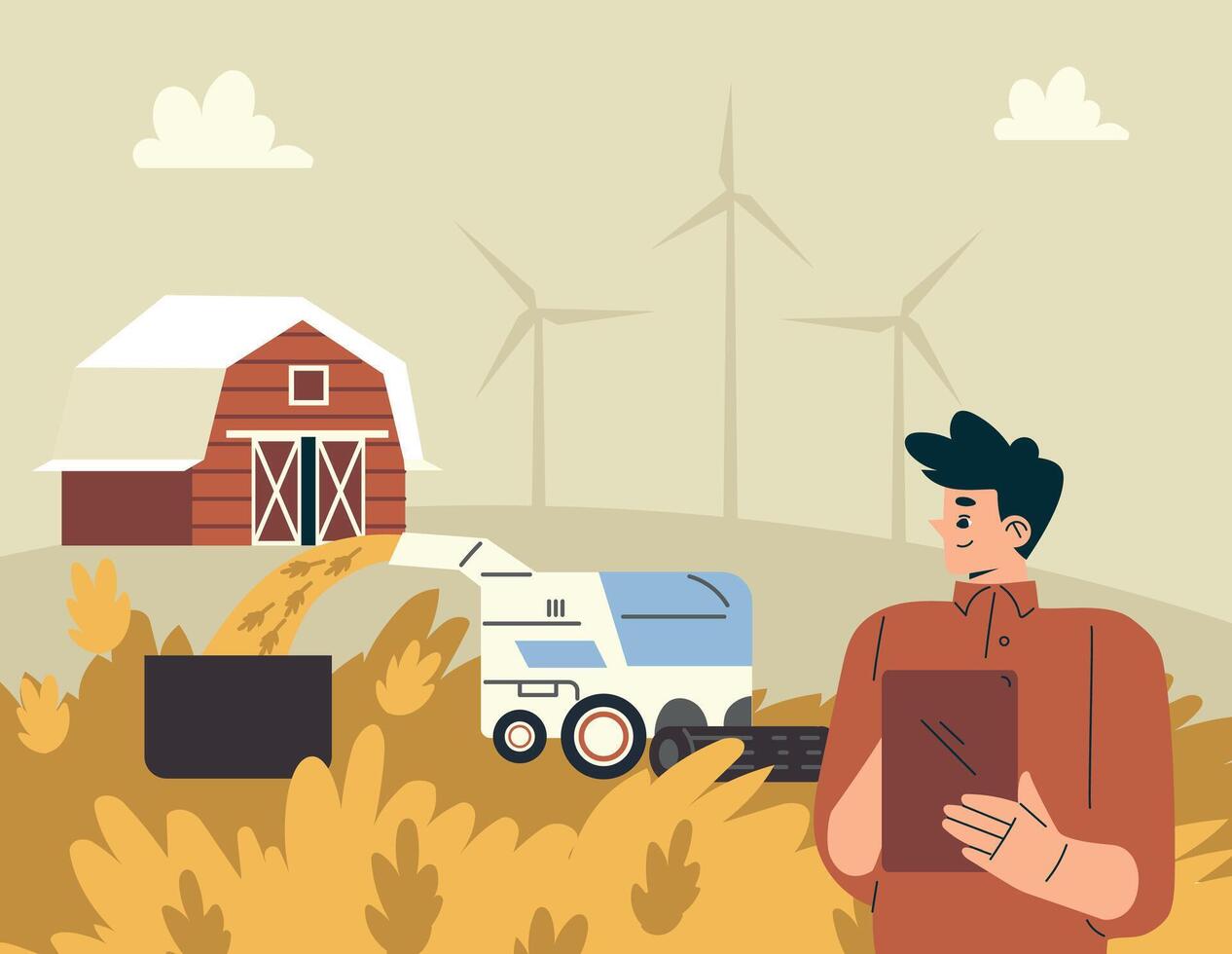Modern Agriculture Equipment with Man Character Grain Harvest with Combiner Illustration vector