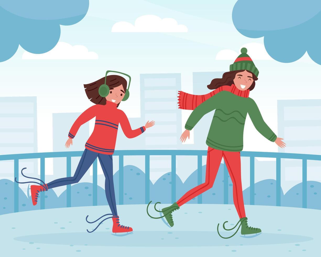 Mom Parent with Daughter Ice Skating Enjoy Life Illustration vector