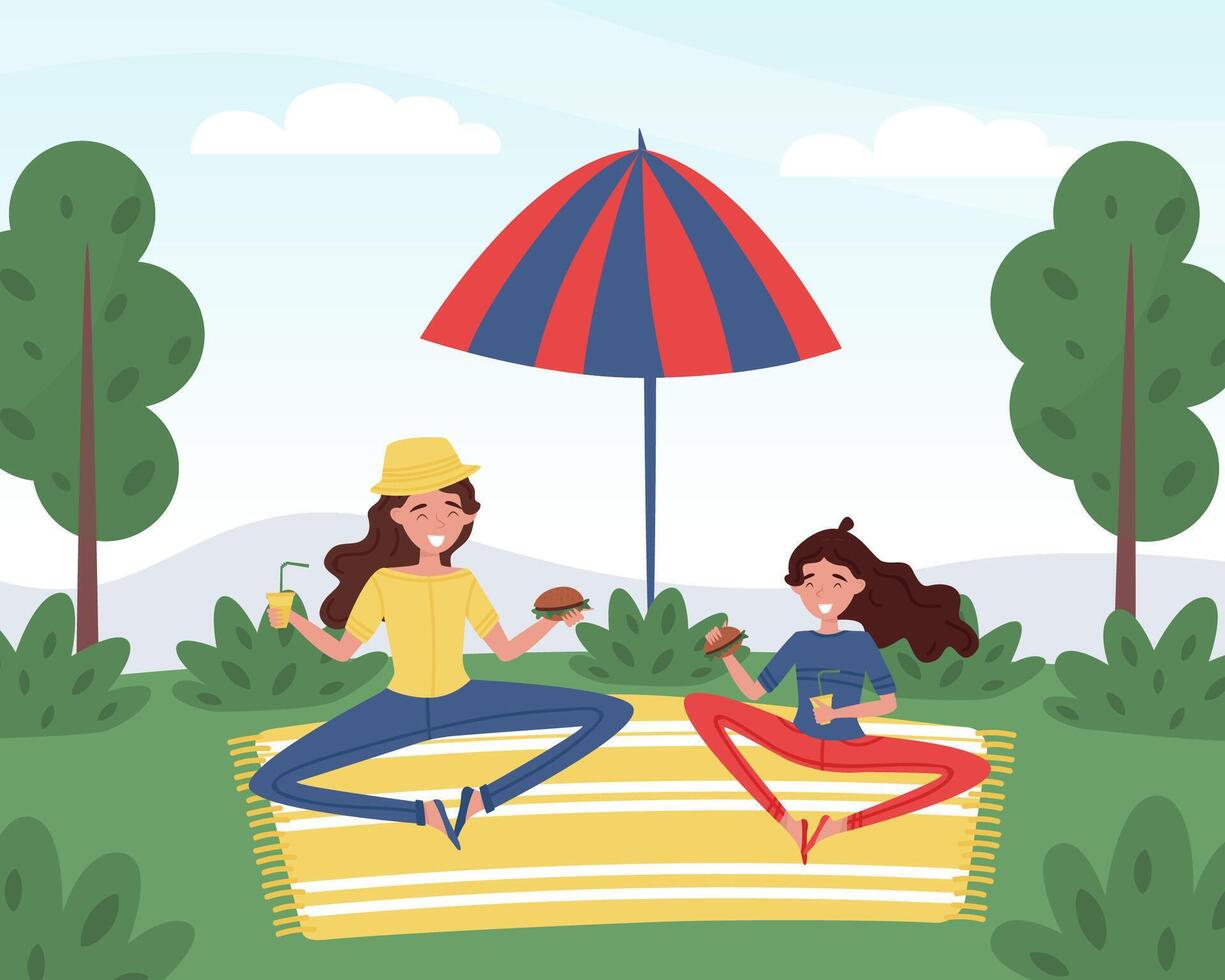 Mom Parent with Daughter Have Picnic in Park Enjoy Life Illustration vector