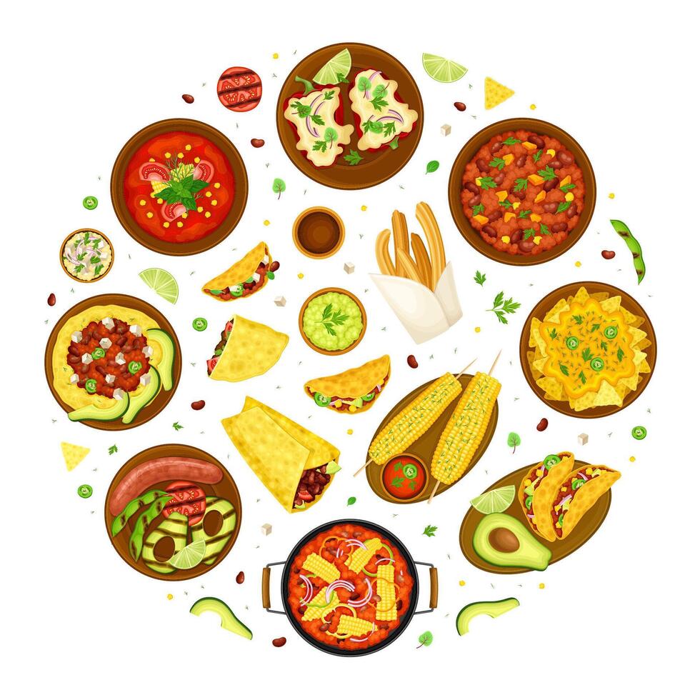 Traditional Mexican Dish Round Composition Design with Food Template vector