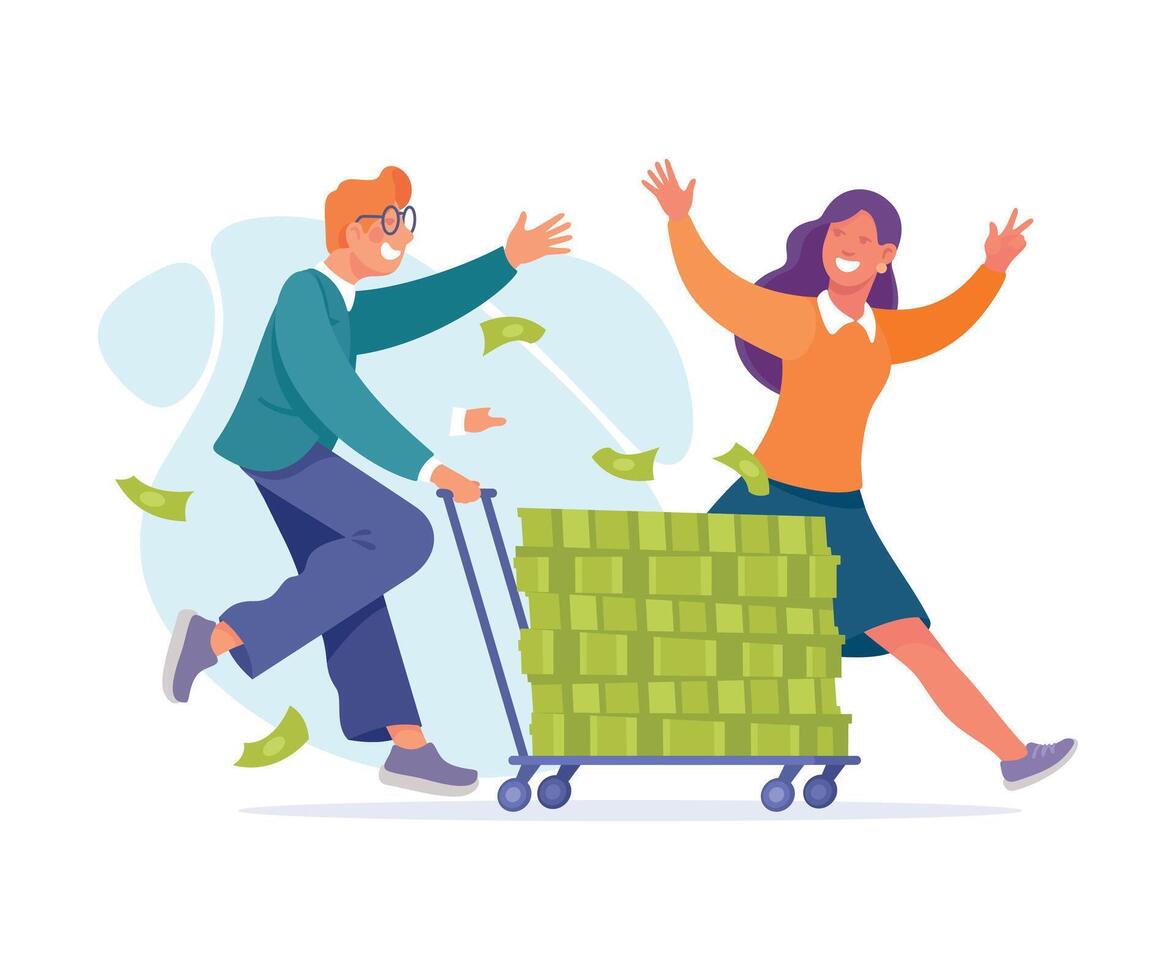 Rich Man and Woman Character Push Trolley with Green Money Banknotes Illustration vector