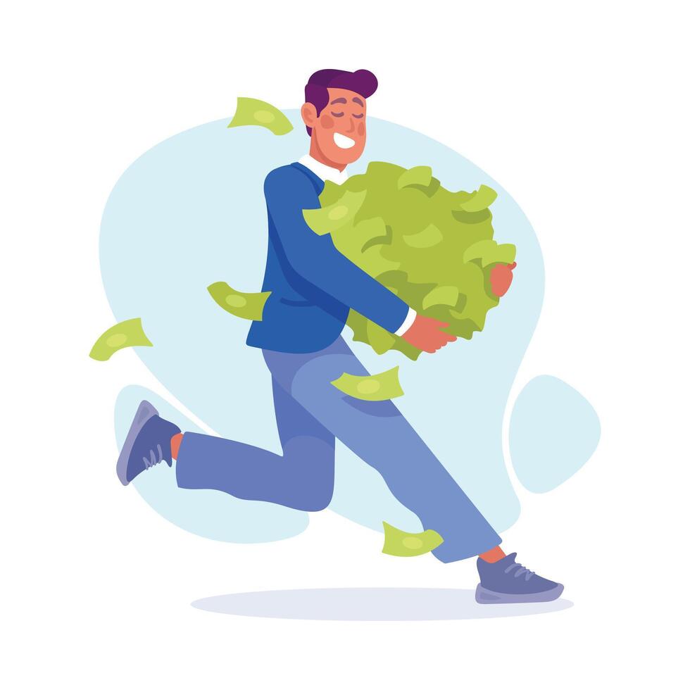 Rich Man Character with Green Money Banknotes Illustration vector