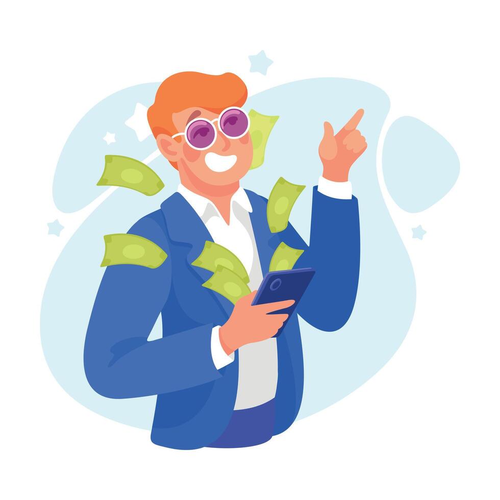 Rich Man Character with Smartphone and Green Money Banknotes Illustration vector