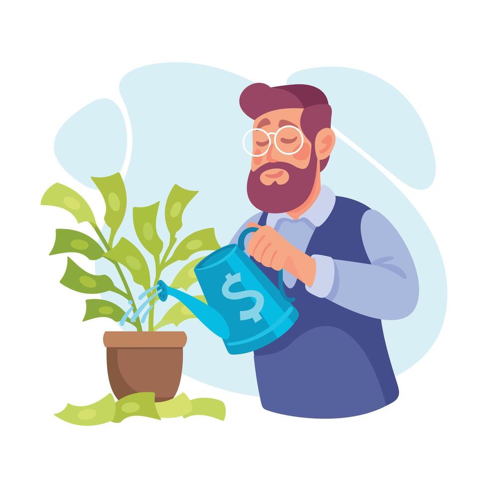 Rich Bearded Man Character water Tree in Pot with Green Money Banknotes Illustration vector