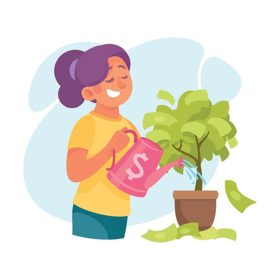 Rich Woman Character water Tree in Pot with Green Money Banknotes Illustration vector
