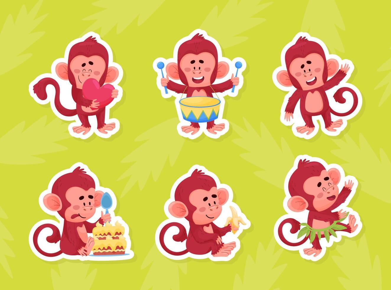 Cute Playful Monkey Character with Long Tail Sticker Set vector