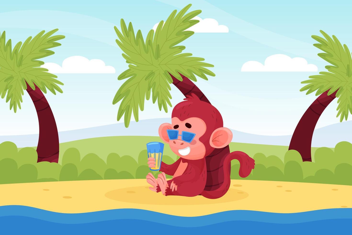 Cute Playful Monkey Character Sit on Beach with Cocktail Illustration vector