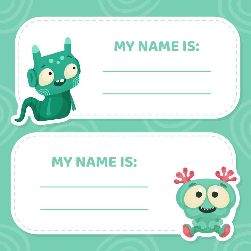 Name Tag with Funny Monster Character and Mutant with Friendly Face Template vector