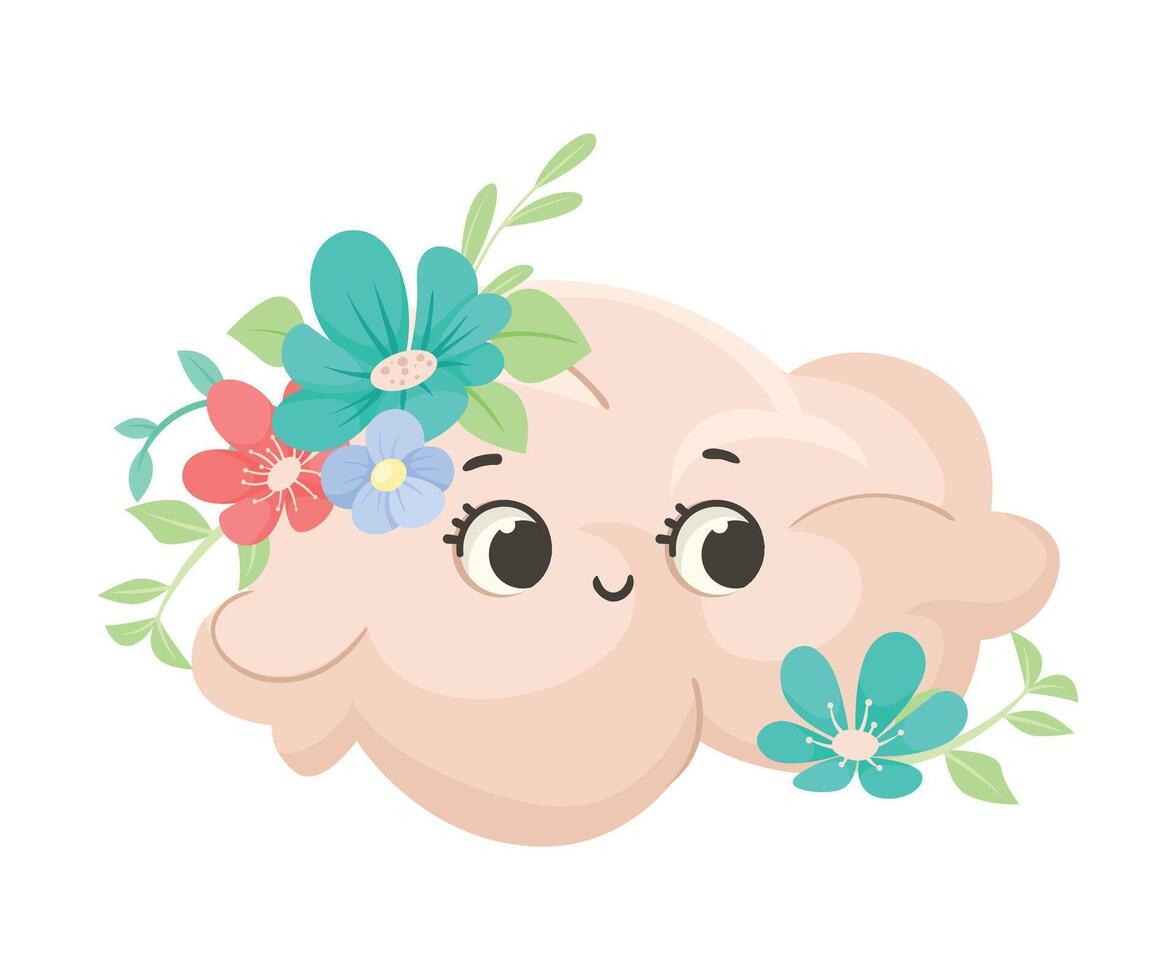 Cute Cloud with Flowers and Pretty Face Illustration vector