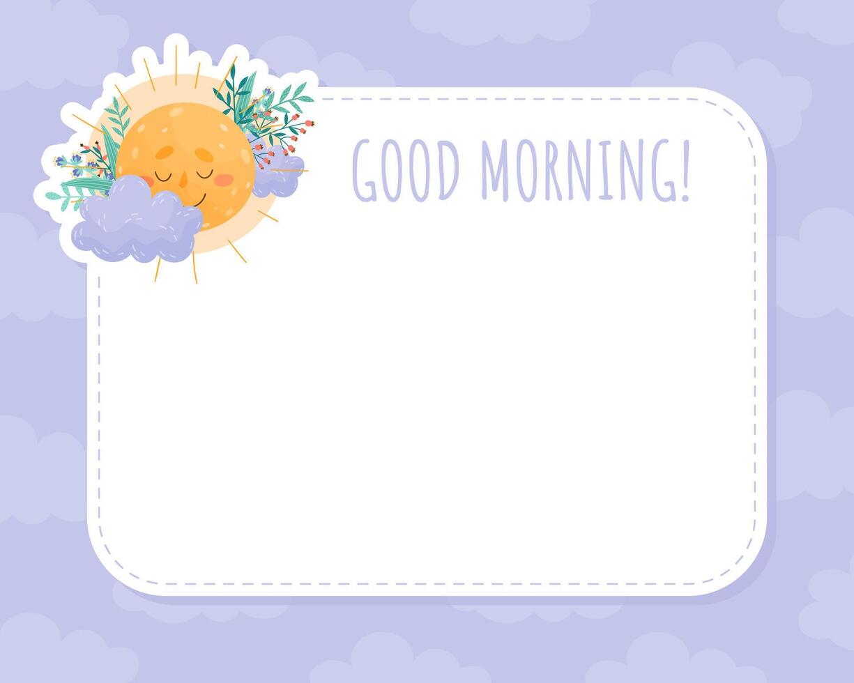 Note Card with Cute Shining Sun with Flowers and Pretty Face Template vector