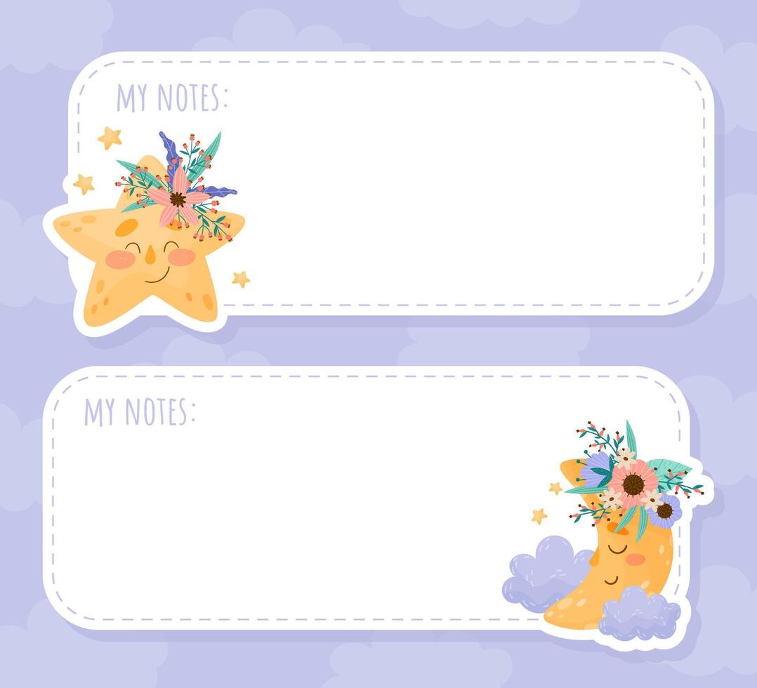 Note Card with Cute Moon and Star with Flowers and Pretty Face Template vector