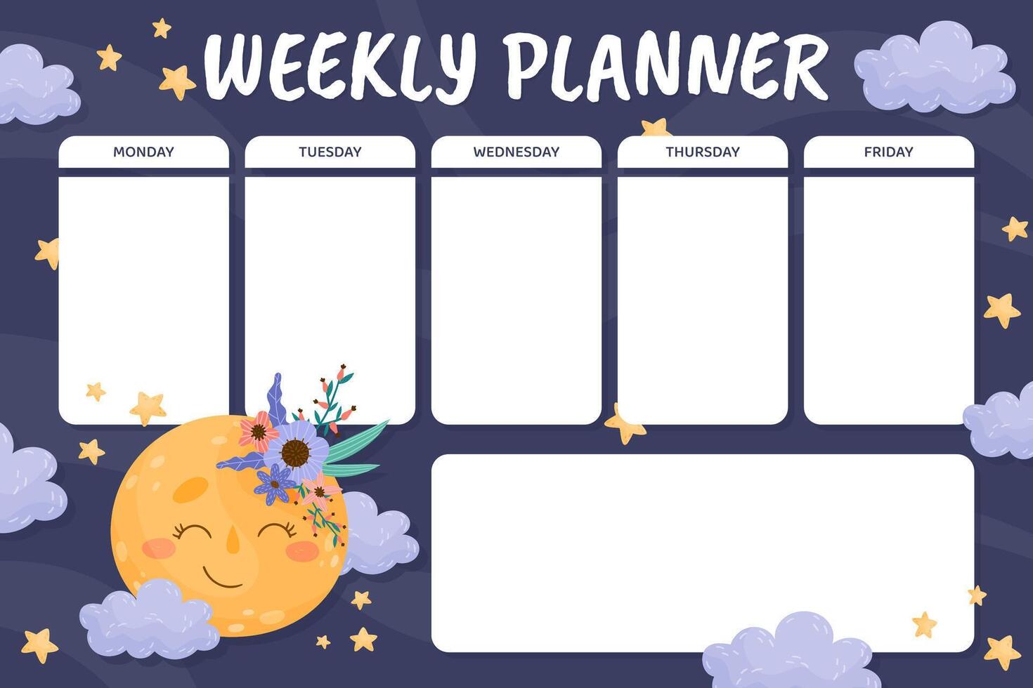 Weekly Planner with Cute Moon with Flowers and Pretty Face Template vector