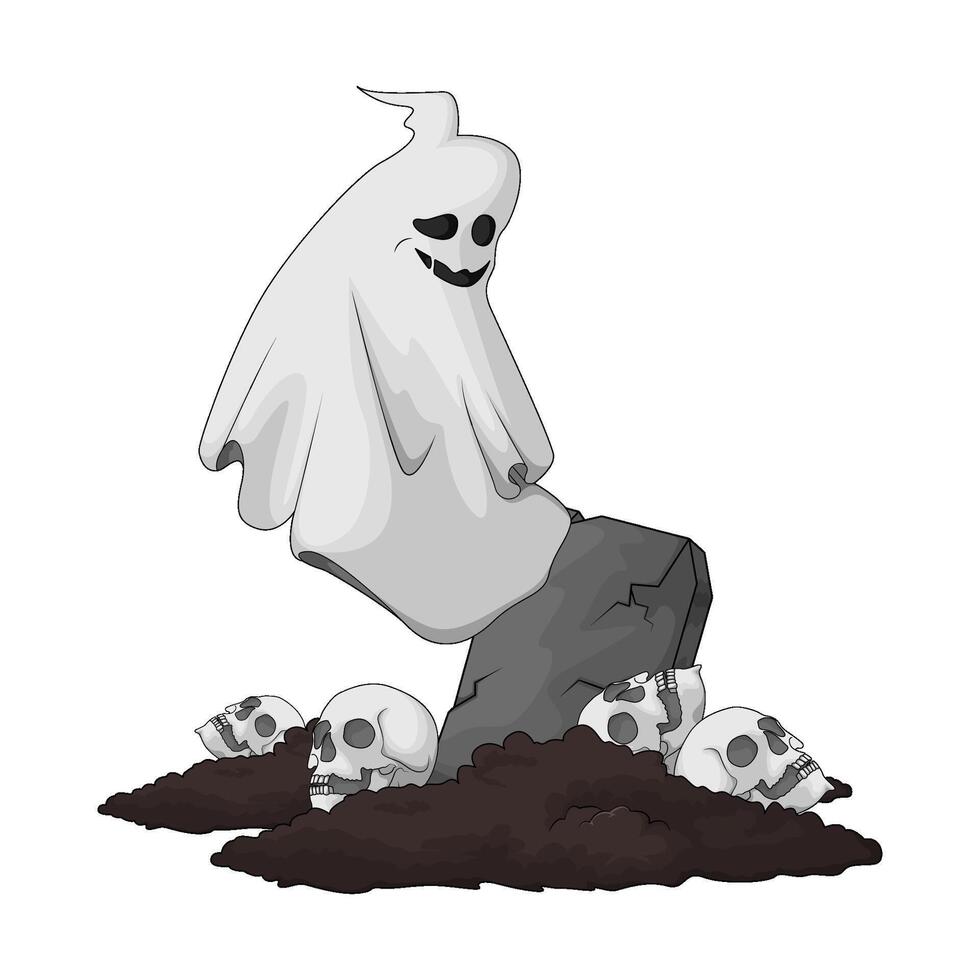 ghost in the grave with many skull illustration vector