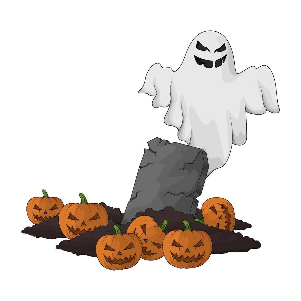 scary ghost and halloween pumpkins illustration vector