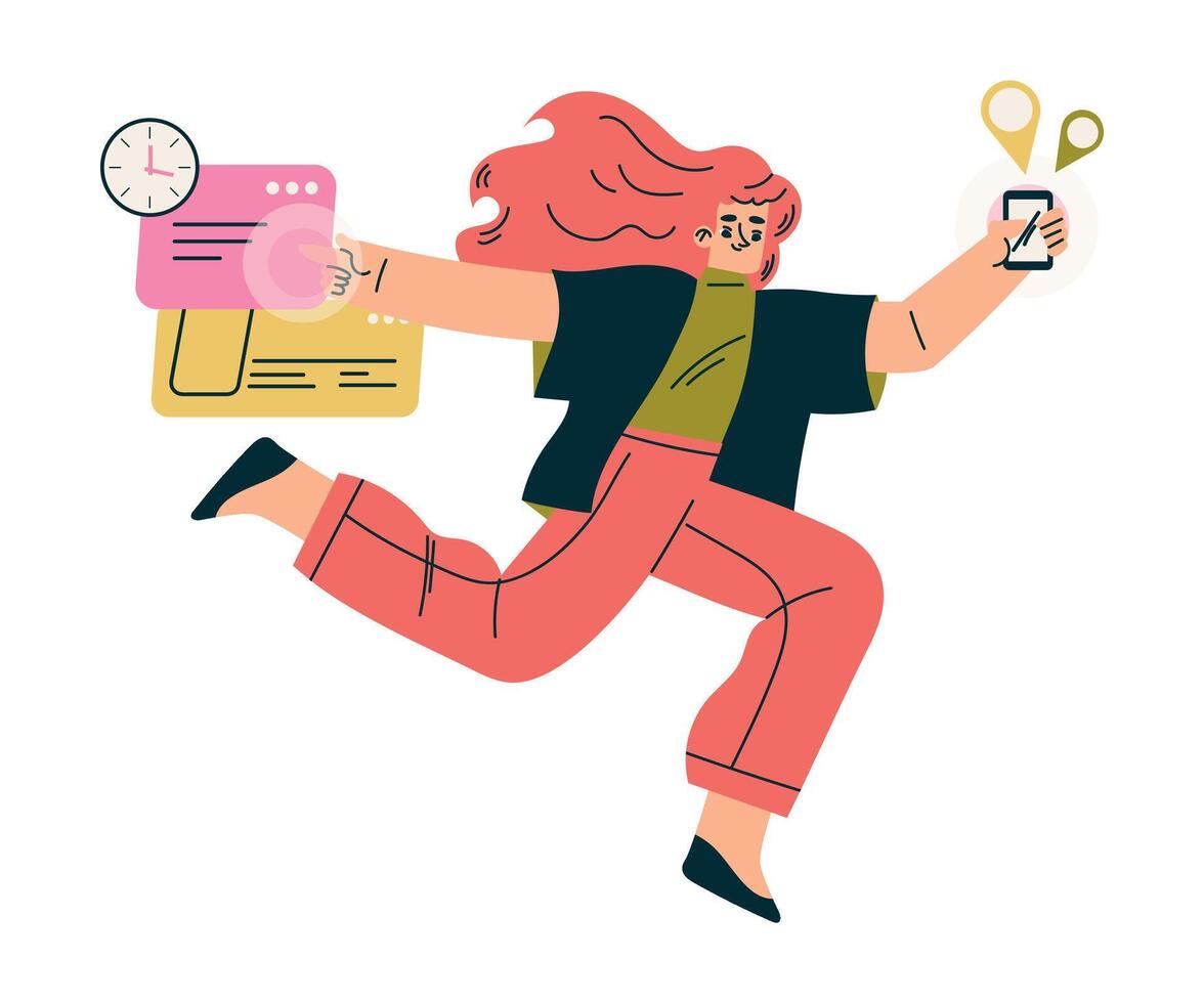 Multitasking Woman Character Doing Multiple Task on Smartphone App Illustration vector