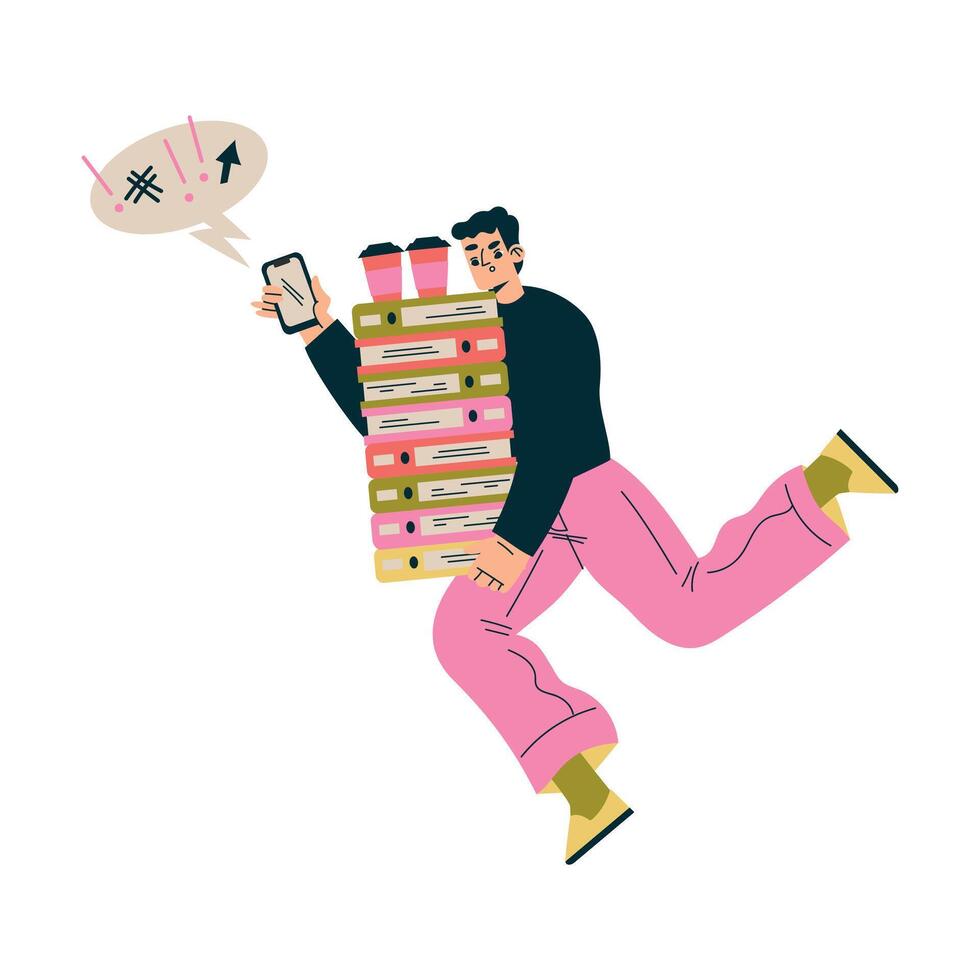 Multitasking Man Character Doing Multiple Task Carry Pile of Folder with Coffee Illustration vector