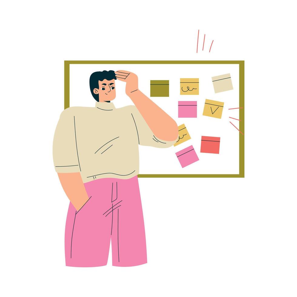 Multitasking Man Character Doing Multiple Task Look at Board with Sticker Illustration vector